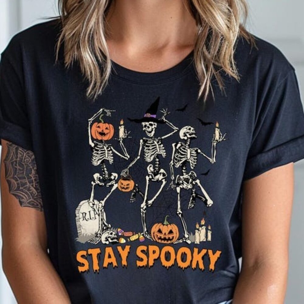 Stay Spooky Tshirt Dancing Skeleton Halloween Shirt - Picture 1 of 4